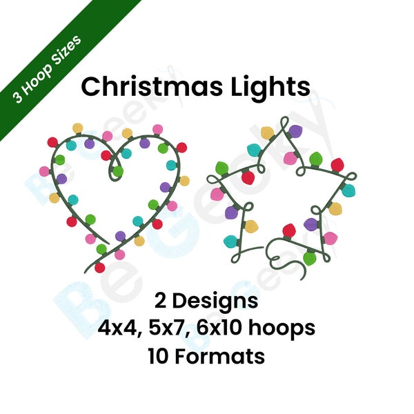 Christmas Holiday Lights Designs - Heart and Star, Set of 2, fits 4X4, 5x7, 6x10 Hoops