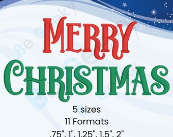 May include: Red "MERRY" and green "CHRISTMAS" text in a festive font. The text is on a white background with a blue and white snowflake pattern. The text also includes the sizes available: 0.75", 1", 1.25", 1.5", and 2".