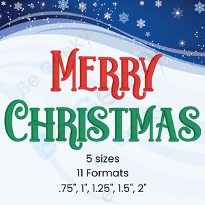 May include: Red "MERRY" and green "CHRISTMAS" text in a festive font. The text is on a white background with a blue and white snowflake pattern. The text also includes the sizes available: 0.75", 1", 1.25", 1.5", and 2".