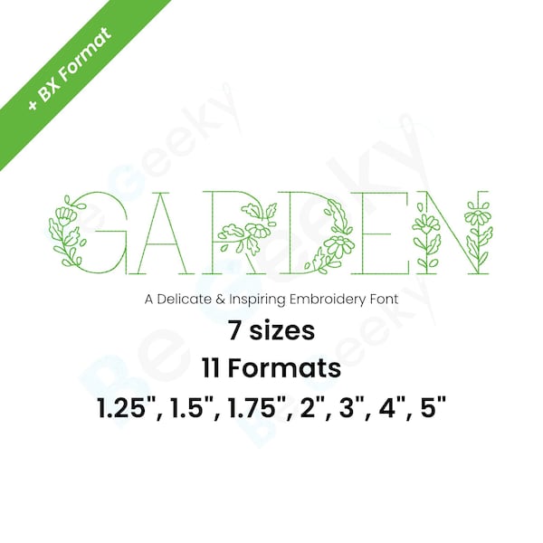 Garden Digital Embroidery Font Alphabet; 7 sizes Instant download | BX Font | PES + 9 formats