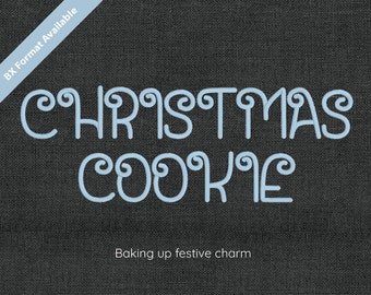 May include: A blue and white graphic design with the text "Christmas Cookie" and the tagline "Baking up festive charm".