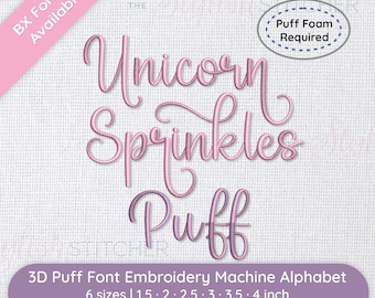 Unicorn Sprinkles Puff 3D Cursive Script Embroidery Font; 6 sizes, instant download BX Font | PES + 9 other formats for Embroidery Machines