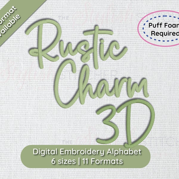 Rustieke charme 3D bladerdeeg cursief script borduurwerk lettertype; 6 maten, direct downloaden BX-lettertype | PES + 9 andere formaten voor borduurmachines