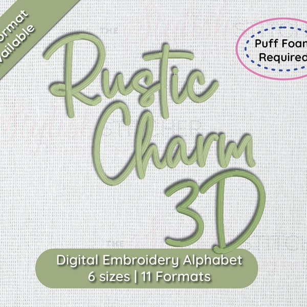 Carattere di ricamo con script corsivo a soffio 3D con fascino rustico; 6 dimensioni, download istantaneo BX Font / PES + 9 altri formati per macchine da ricamo