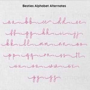 May include: A display of the alphabet in a cursive font, with each letter in a soft pink hue. The letters are arranged in rows, showcasing variations of each letter. The text "Besties Alphabet Alternates" is at the top.