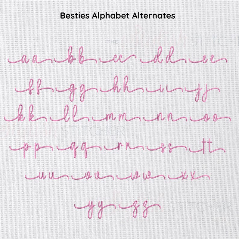 May include: A display of the alphabet in a cursive font, with each letter in a soft pink hue. The letters are arranged in rows, showcasing variations of each letter. The text "Besties Alphabet Alternates" is at the top.