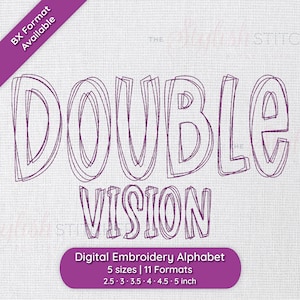 May include: Purple embroidery design of the words "DOUBLE VISION" in a bold, outlined font. The design is available in 5 sizes and 11 formats, ranging from 2.5 to 5 inches.