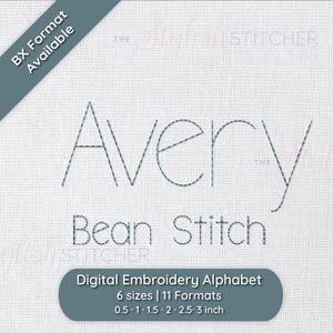 Può includere: Un design di alfabeto da ricamo digitale per il nome Avery in stile punto a chicco. Il design è disponibile in 6 dimensioni e 11 formati, che vanno da 0,5 a 3 pollici.