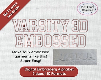 3D Varsity geprägte digitale Stickmaschine Schrift Alphabet 5 Größen Instant Download | BK-Schrift | PES + 8 Formate College Universität