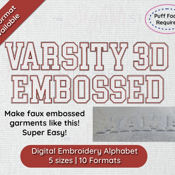 3D Varsity Embossed Digital Máquina de bordar Alfabeto de fuente 5 tamaños Descarga instantánea / Fuente BX / PES + 8 formatos College University