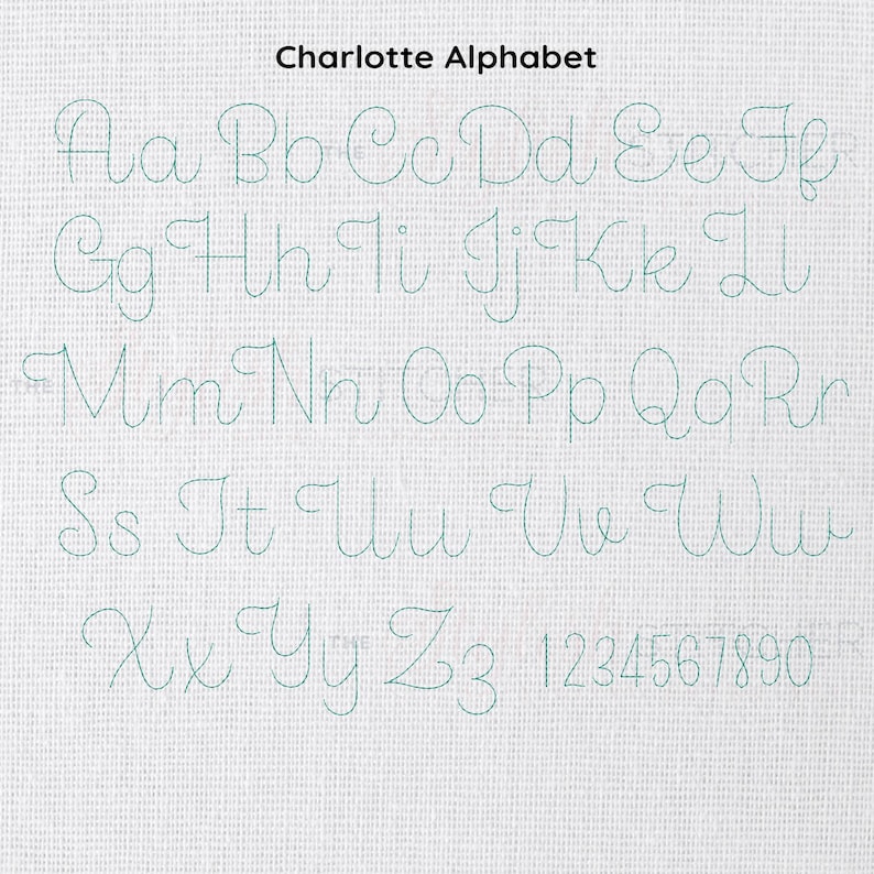 May include: A stitched alphabet in a teal blue color on a white fabric background. The alphabet includes uppercase letters, lowercase letters, and numbers 1 through 9.