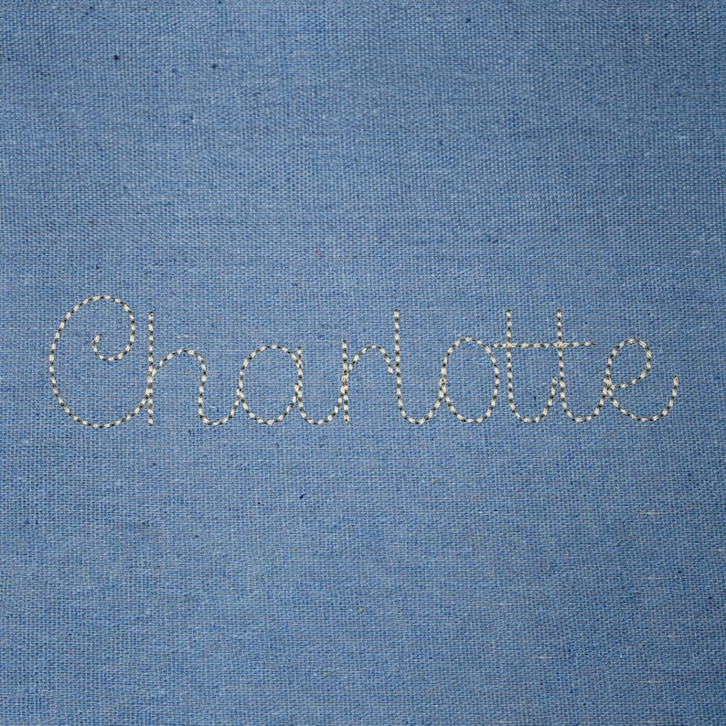 May include: The name Charlotte is embroidered in white thread on a blue fabric background.