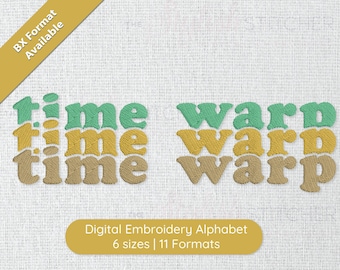 May include: Digital embroidery alphabet design featuring the words "time" and "warp" in a layered, retro style with green, yellow, and brown colours.