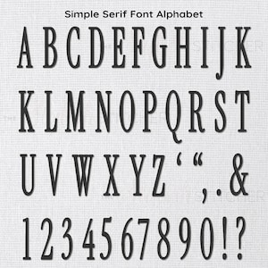 Op de afbeelding: Zwart serif lettertype alfabet, cijfers en symbolen op een witte, getextureerde achtergrond. De tekst bevat de letters A t/m Z, de cijfers 0-9 en leestekens. De afbeelding is gelabeld "Simple Serif Font Alphabet."