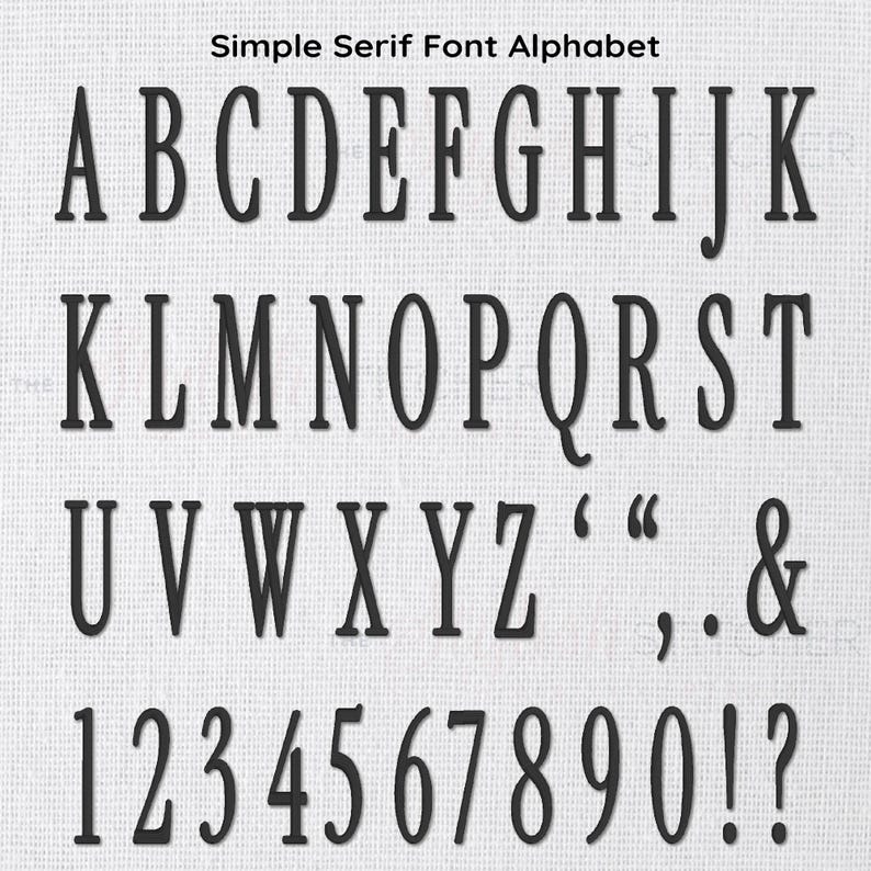 Op de afbeelding: Zwart serif lettertype alfabet, cijfers en symbolen op een witte, getextureerde achtergrond. De tekst bevat de letters A t/m Z, de cijfers 0-9 en leestekens. De afbeelding is gelabeld "Simple Serif Font Alphabet."