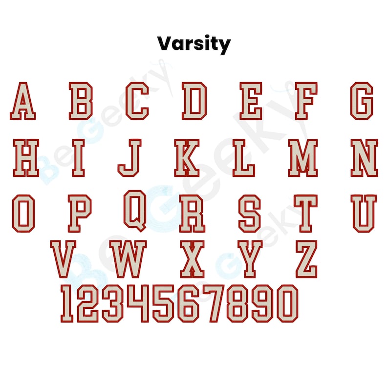 May include: Varsity font alphabet and numbers in a beige color with a red outline. The letters and numbers are in a bold, blocky style.