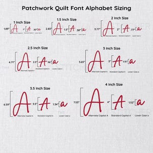 K&ouml;nnte beinhalten: Bild, das die Gr&ouml;&szlig;e des Buchstabens "A" in einer Patchwork-Quilt-Schriftart zeigt. Die Gr&ouml;&szlig;en reichen von 2,54 cm bis 10,16 cm, mit Messungen in Zoll. Das Bild enth&auml;lt den Text "Patchwork Quilt Font Alphabet Sizing".