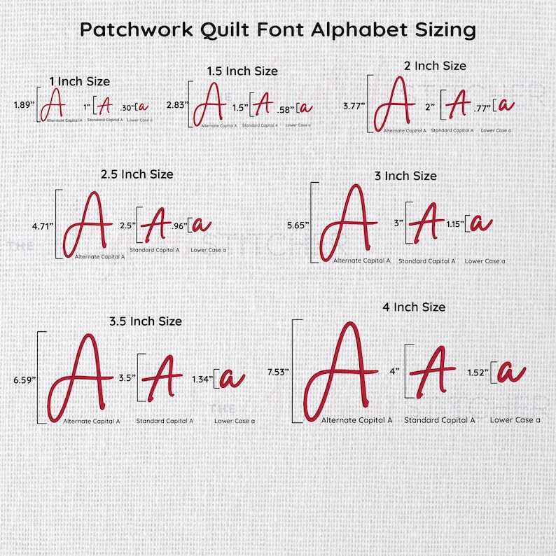 K&ouml;nnte beinhalten: Bild, das die Gr&ouml;&szlig;e des Buchstabens "A" in einer Patchwork-Quilt-Schriftart zeigt. Die Gr&ouml;&szlig;en reichen von 2,54 cm bis 10,16 cm, mit Messungen in Zoll. Das Bild enth&auml;lt den Text "Patchwork Quilt Font Alphabet Sizing".