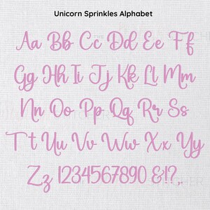K&ouml;nnte beinhalten: Rosa Buchstaben und Zahlen mit einem Streusel-Design. Die Buchstaben sind in einer kursiven Schriftart. Die Zahlen sind in einer Blockschriftart. Die Buchstaben und Zahlen befinden sich auf einem wei&szlig;en Hintergrund.