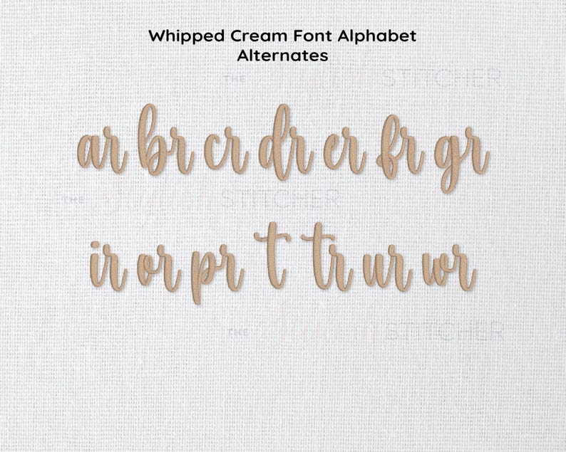 May include: Whipped cream font alphabet alternates. The letters are arranged in pairs, such as "ar", "br", "cr", "dr", "er", "fr", "gr", "ir", "or", "pr", "t", "tr", "ur", and "wr".
