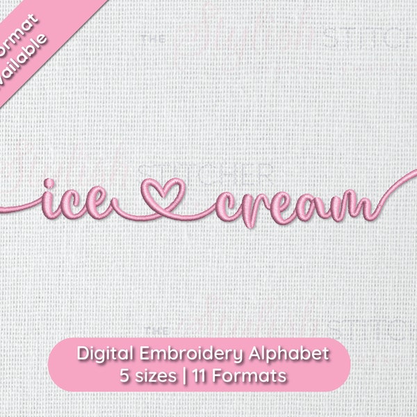 Ice Cream Schreibschrift Stickschrift; 5 Größen, sofortiger Download ONE | PES + 9 weitere Formate für Stickmaschinen