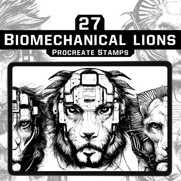 27 Biomechanical Lions Procreate Brushes, Tattoo Stamps, Brushset of 27 Lions in Biomechanical Style for Tattoo Artists
