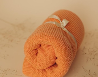 Orange Merino Wool Knit Baby Blanket: Soft Cozy Cuddle Blanket