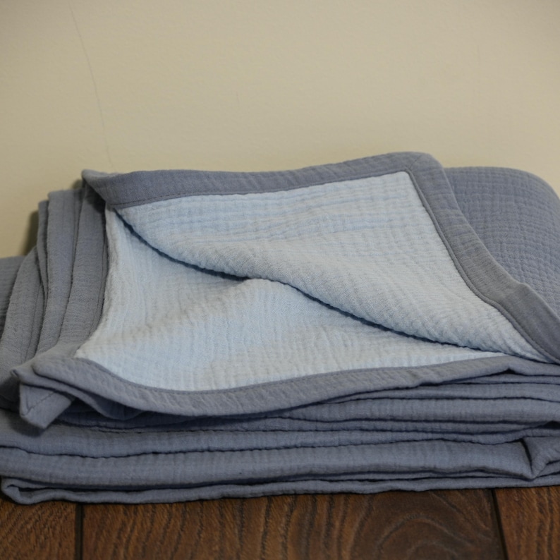 May include: A stack of folded blankets in shades of blue and gray. The top blanket is open, revealing a light blue interior and a darker gray border. The blankets appear soft and textured, with a layered design.