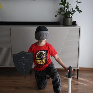 May include: A child wearing a gray helmet, red shirt with a speed graphic, and camouflage pants, holding a gray sword and shield.