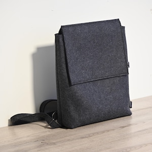 Pode incluir: Uma mochila cinza carvão feita de feltro. A bolsa tem formato retangular com fecho de aba e alças ajustáveis. A mochila está encostada em uma parede branca e uma superfície de madeira.