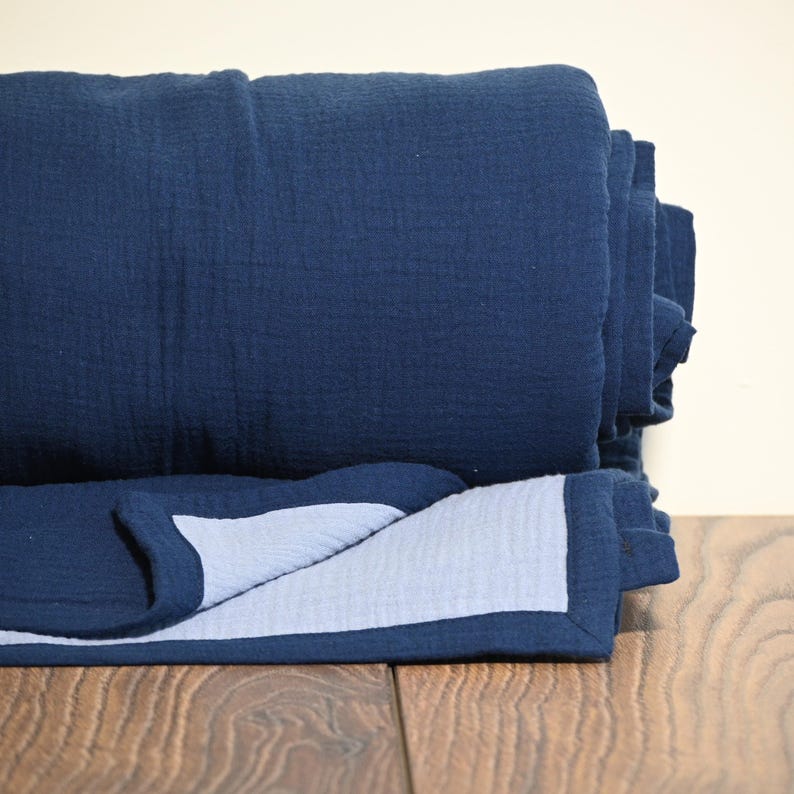 May include: A folded navy blue blanket with a light blue underside and a navy blue border. The blanket is made of a textured fabric and is displayed on a wooden surface.
