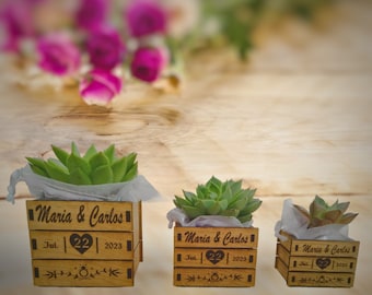 Mini jardinière succulente personnalisée, faveurs de mariage rustiques, coque en bois avec intérieur en plastique Pla, faveurs de remerciement