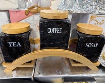 Set Of 3 Jars Silver with stand Kitchen Canister Jar For Tea Coffee Sugar Storage Pots Marble Effect Home Decor Dining Table