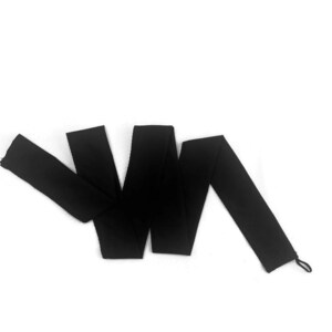 May include: A black, long, rectangular fabric strip, possibly a headband or wrap, lies on a white background. The fabric is folded and curved, with a small loop at one end. The material appears to be soft and flexible.
