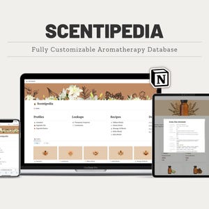May include: A digital display of the "Scentipedia" aromatherapy database on a laptop, tablet, and smartphone. The screens show a user interface with profiles, lookups, and recipes. The text "Fully Customizable Aromatherapy Database" is displayed above the screens.
