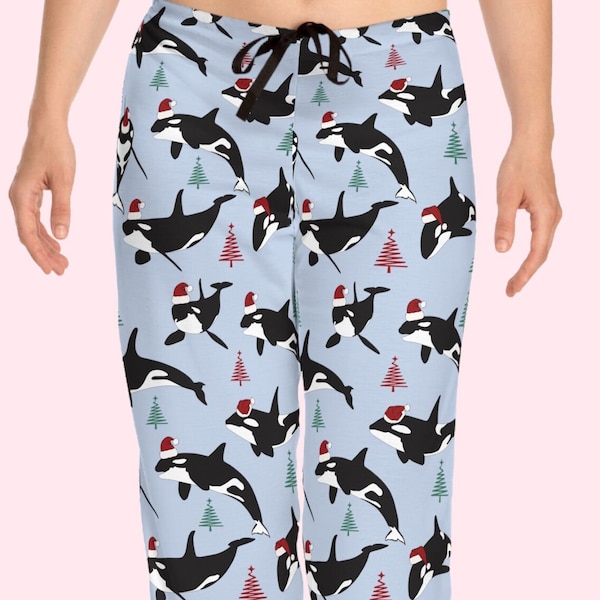 Funny Orca Women's Pajama Pants, Christmas Orca Whales Drawstring Lounge Pants, Killer Whale PJs, Holiday Christmas Jammies, Gift For Her