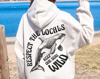 Respectez les orques à capuche locaux, cadeau pour les amoureux des baleines, sweat-shirt Protect The Orcas, chemise cadeau Orca, sweat à capuche unisexe océan nature dauphin rétro