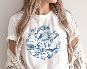 Vintage Tattoo Shark Tshirt Gift For Nature Lover, Sealife Ocean Conservation Shirt, Retro Whale Shark Hammerhead Great White Marine Animals