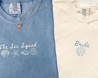 Custom Beach Bach Party Shirt, Comfort Colors Coastal Bride Tee, Seashells Wedding Bells, Sea Squad Bridal Party Gift