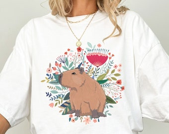 Capybara Flowers Comfort Colors Shirt Funny Animal Tshirt Vintage Capybara Shirt Capybara Clothing Gift For Animal Lover Aesthetic Wildlife