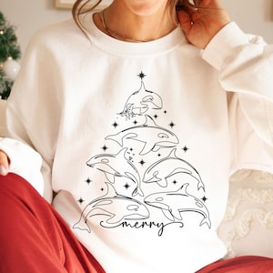 Christmas Orca Sweatshirt Christmas Tree Crewneck, Killer Whale Shirt Orca Whale Lover Gift Shirt, Womens Xmas Sweater Funny Animal Holiday
