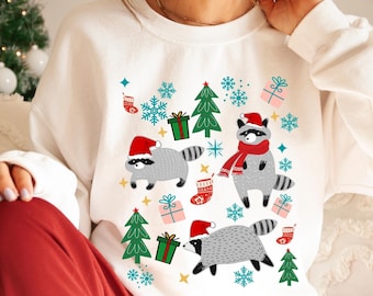 Suéter navideño de mapache, linda sudadera navideña de mapache, regalo navideño de animales, feliz Raccoonmas, suéter de mapache para regalo de vacaciones, ropa navideña