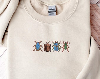 Vintage Insect Embroidered Sweatshirt Cute Beetles Shirt Bug Insect lover gift for Women Goblincore Clothing Entomology Crewneck Nature