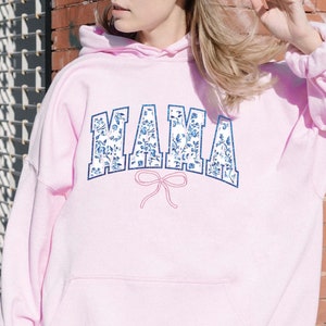 Floral Mama Hoodie, Blue Ribbon Shirt, Mothers Day Gift, Girly Aesthetic Gift For Mom, Cute Mom Shirt, Bow Shirt, Chinoiserie Shirt, Bow Mom