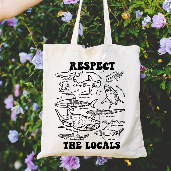 Respect The Shark Locals 100% cotton tote bag For Shark Lover, Summer Tote, Beach Tote, Women Ocean Tote Surf Tote Bag, Surfer Tote Bag Gift