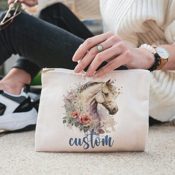Horse Makeup Bag For Bridesmaid Gifts Custom Horse Cosmetic Bag Western Bride gift horse purse floral horse Pouch  personalized horse Name