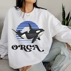 Retro 80s 90s Orca Sweatshirt For Orca Lover Killer Whale Wildlife Enthusiasts Orca Graphic Clothing Whale Conservation Nature Ocean Gifts