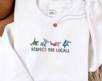 Embroidered Shark Sweatshirt For Shark Lover Gift Hammer Head Shark Embroidered Crewneck Respect The Locals Sweater Marine Biology Nature