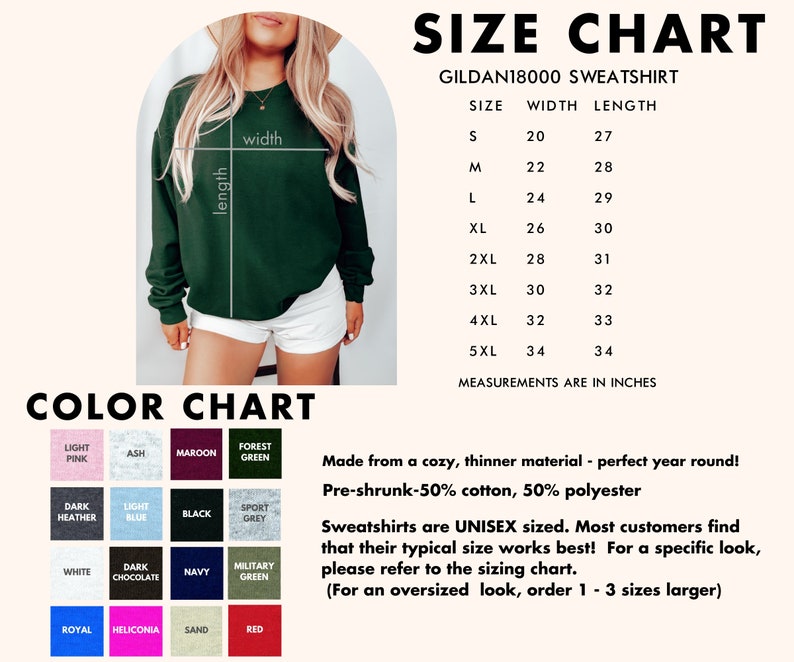 K&ouml;nnte beinhalten: Gr&ouml;&szlig;entabelle f&uuml;r ein Gildan 18000 Sweatshirt, mit Ma&szlig;en in Zoll. Die Tabelle listet die Gr&ouml;&szlig;en S bis 5XL mit den entsprechenden Breiten- und L&auml;ngenma&szlig;en auf. Eine Farbkarte zeigt verschiedene Sweatshirtfarben. Das Bild zeigt auch eine Person, die ein dunkelgr&uuml;nes Sweatshirt tr&auml;gt.