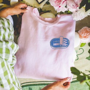 Embroidered Sardine Sweatshirt, Fish Crewneck, Vintage Sardine Coastal Fisherman Aesthetic Top, Preppy Retro European, Foodie Travel Sweater Light Pink